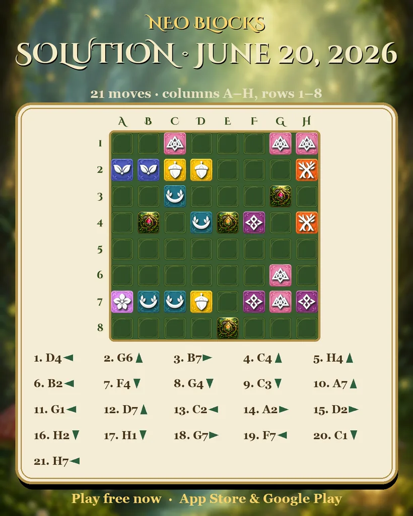 Solution of the NEO Blocks daily puzzle for June 20, 2026