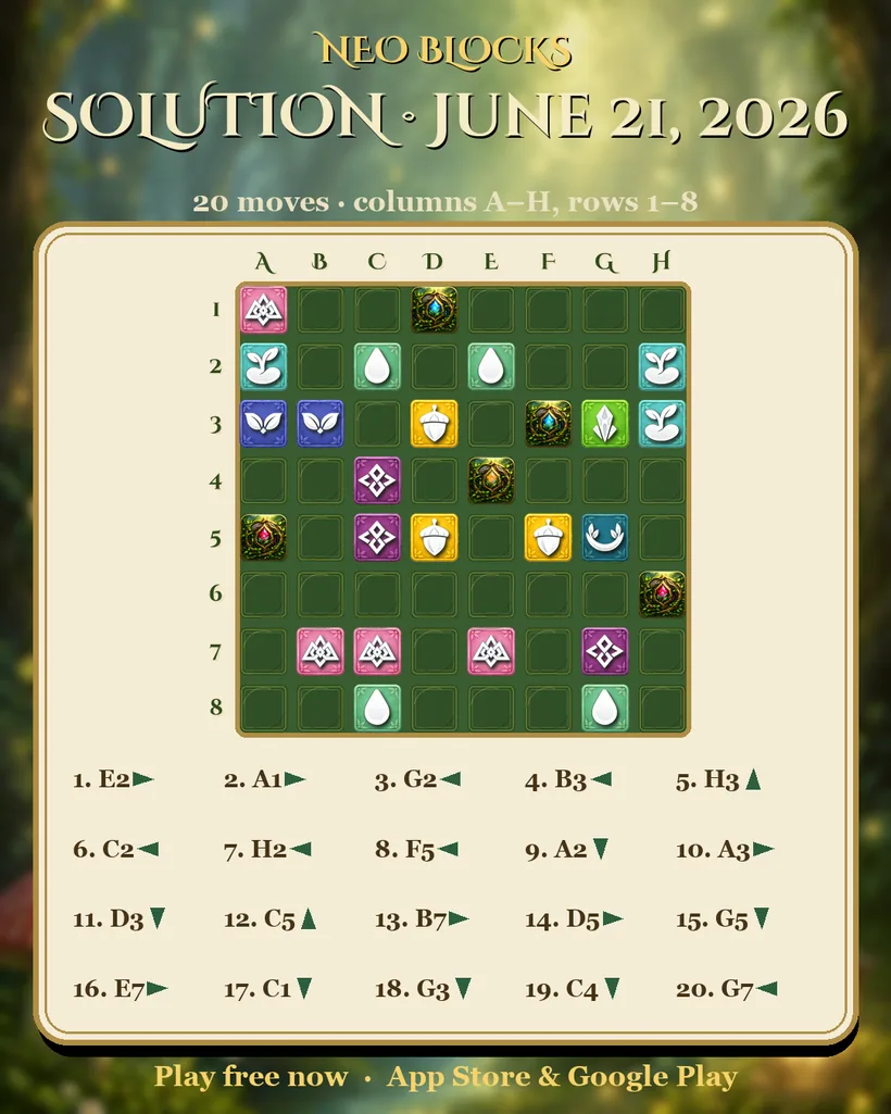 Solution of the NEO Blocks daily puzzle for June 21, 2026
