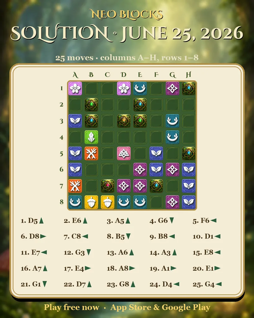Solution of the NEO Blocks daily puzzle for June 25, 2026