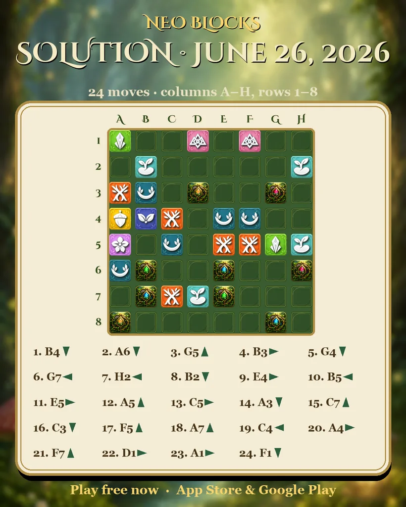 Solution of the NEO Blocks daily puzzle for June 26, 2026