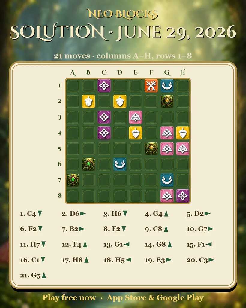 Solution of the NEO Blocks daily puzzle for June 29, 2026