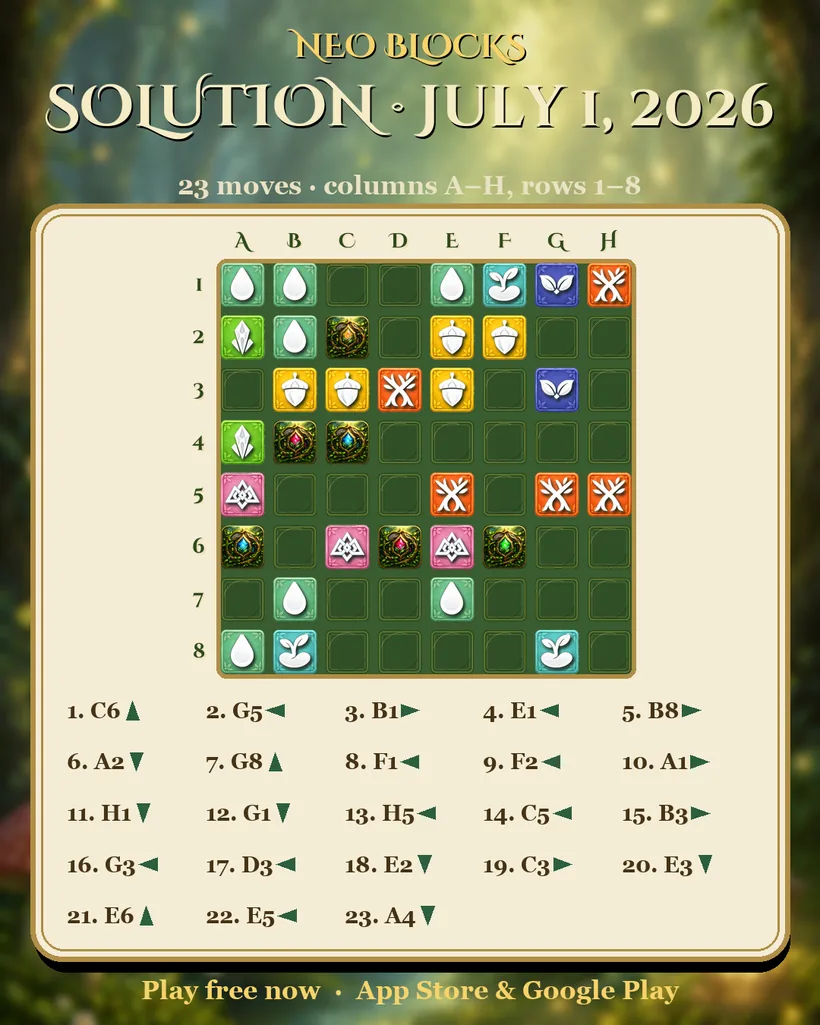 Solution of the NEO Blocks daily puzzle for July 1, 2026
