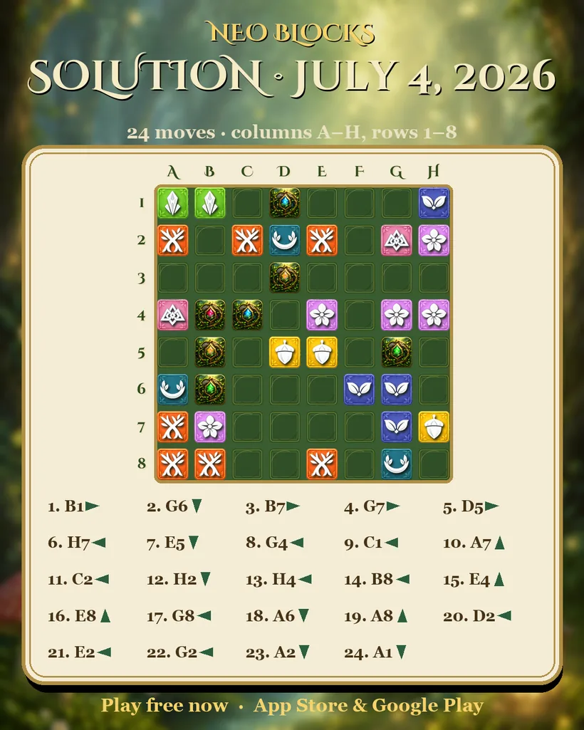 Solution of the NEO Blocks daily puzzle for July 4, 2026