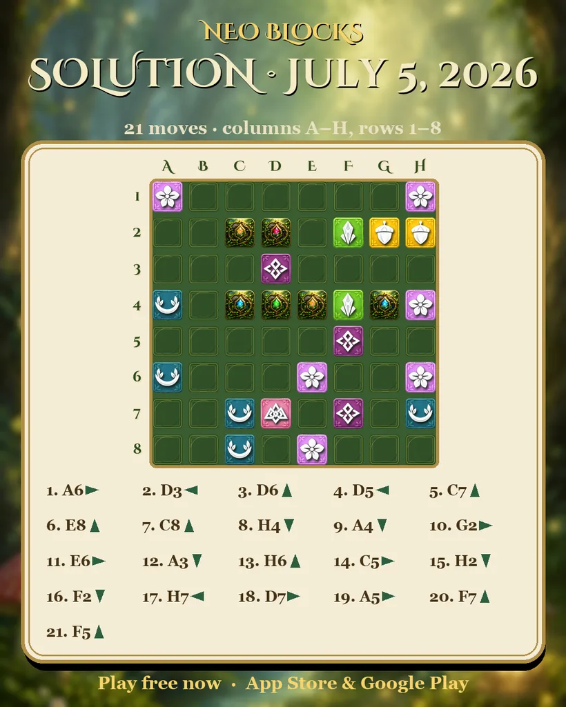 Solution of the NEO Blocks daily puzzle for July 5, 2026