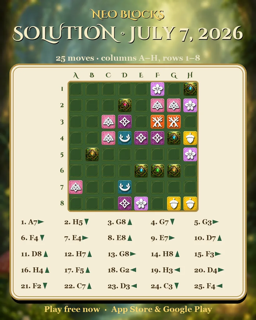 Solution of the NEO Blocks daily puzzle for July 7, 2026
