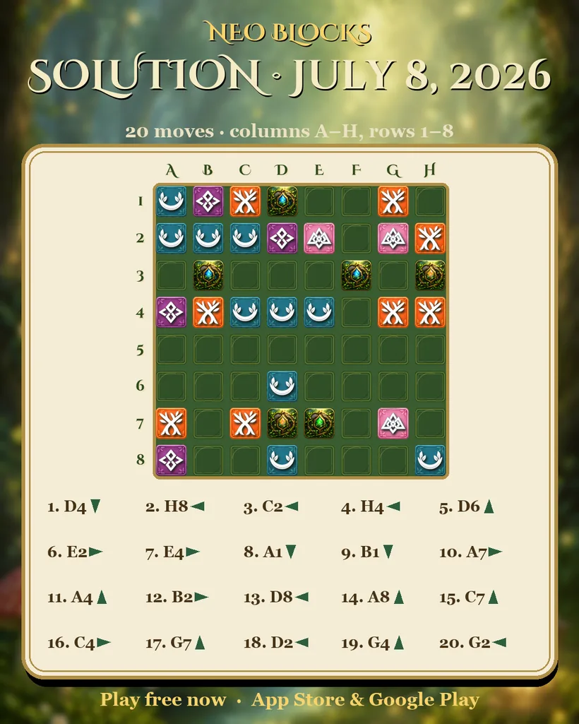 Solution of the NEO Blocks daily puzzle for July 8, 2026