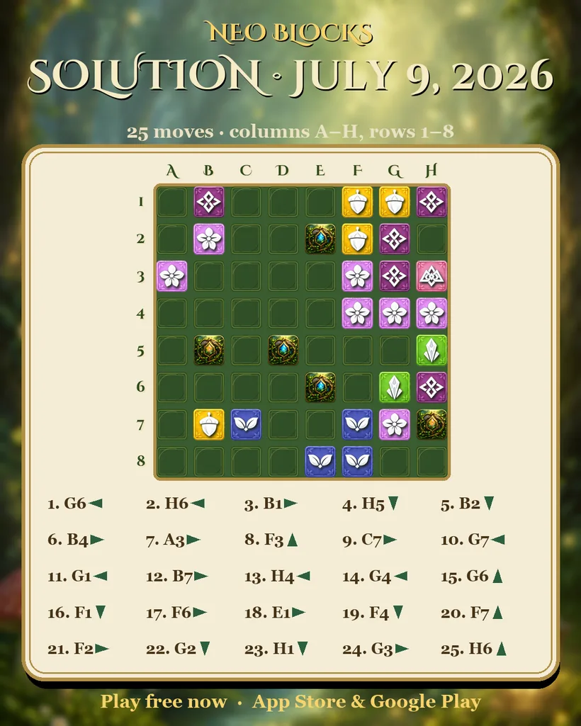 Solution of the NEO Blocks daily puzzle for July 9, 2026