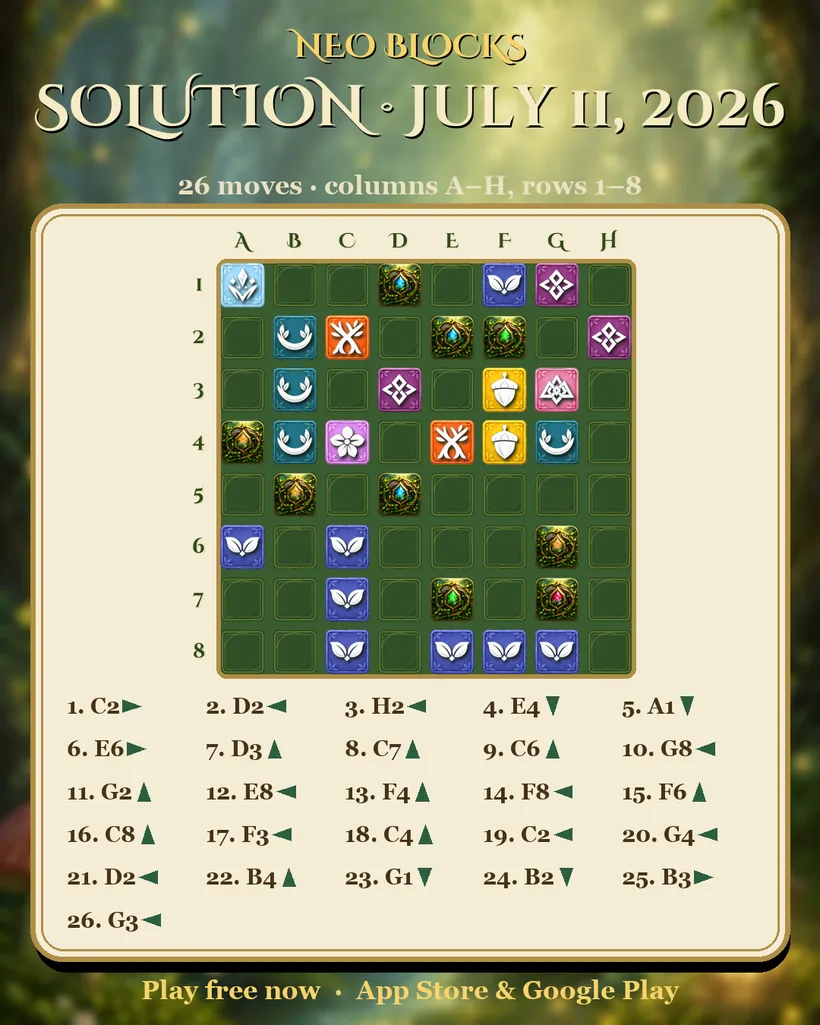 Solution of the NEO Blocks daily puzzle for July 11, 2026