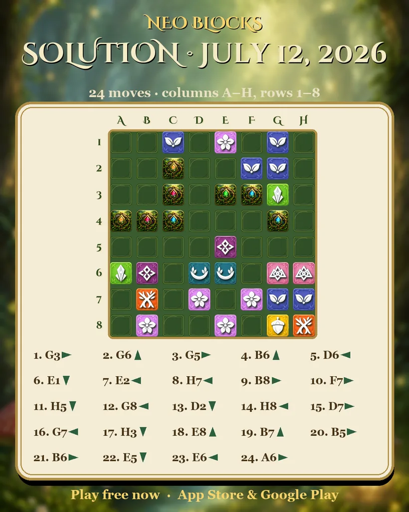 Solution of the NEO Blocks daily puzzle for July 12, 2026