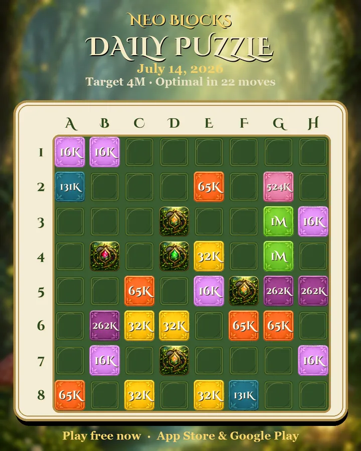 NEO Blocks daily puzzle for July 14, 2026