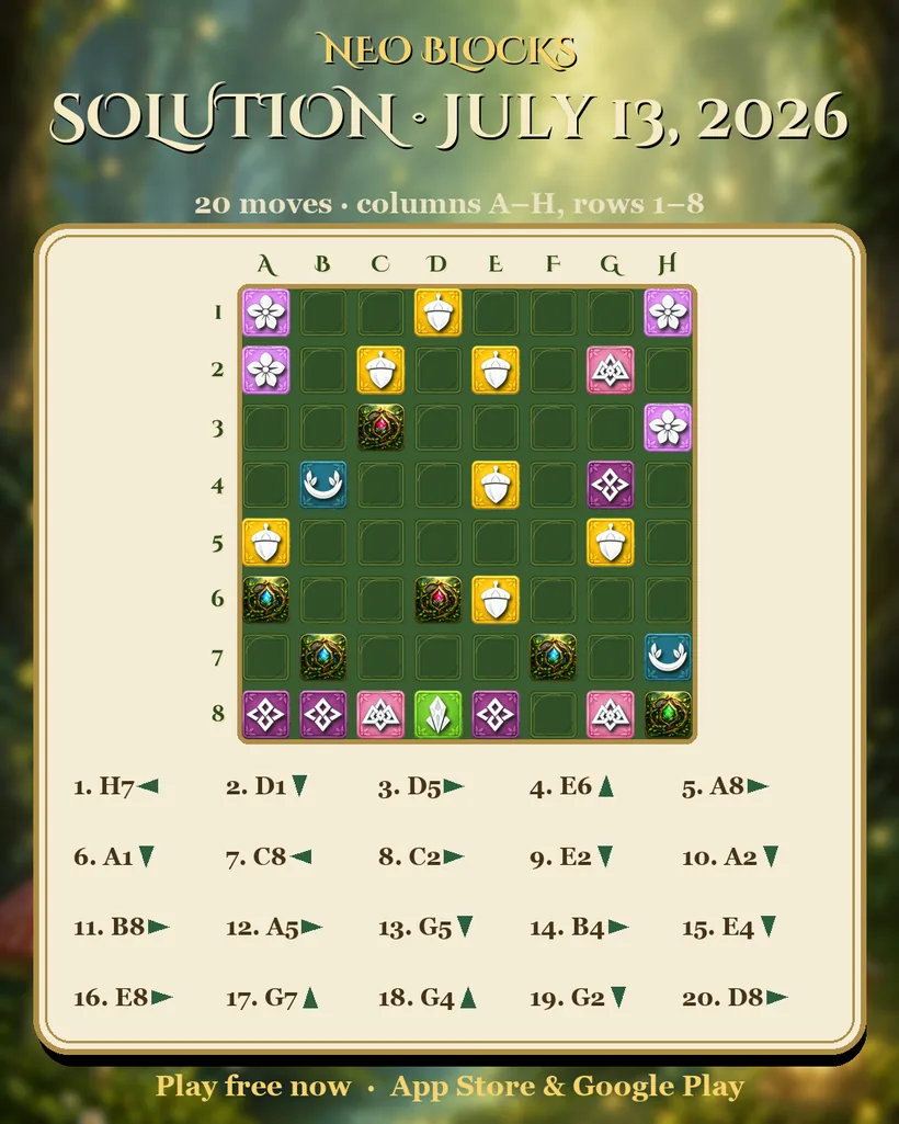 Solution of the NEO Blocks daily puzzle for July 13, 2026