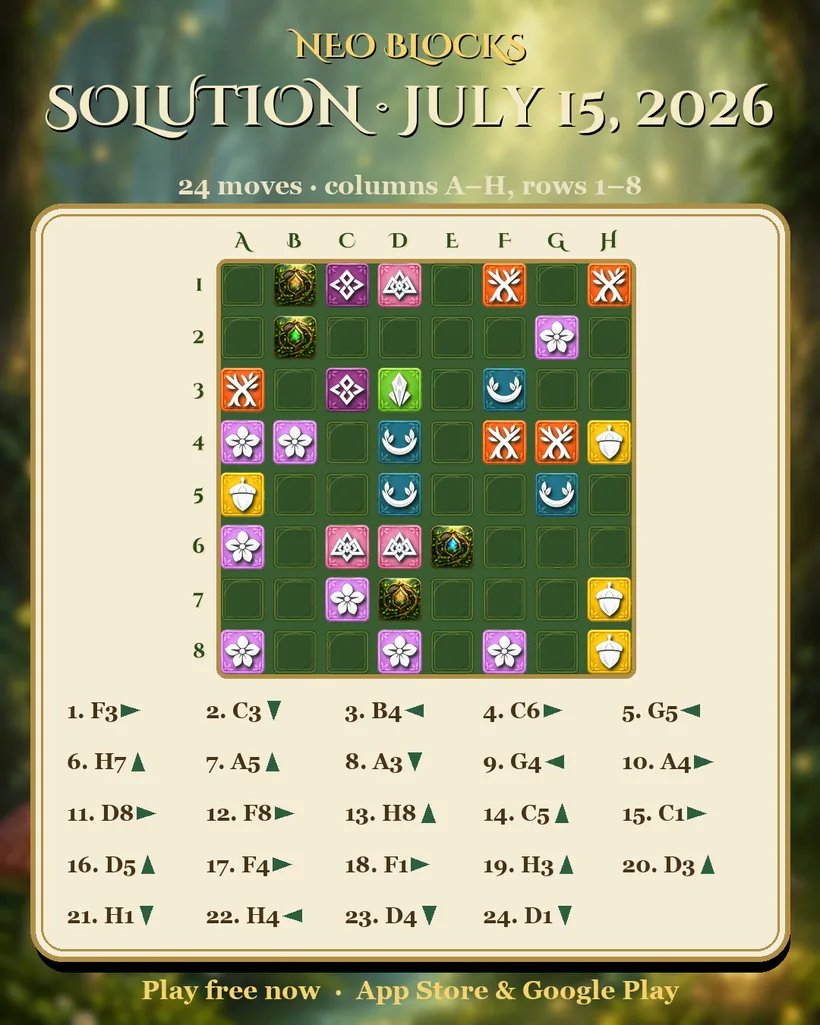 Solution of the NEO Blocks daily puzzle for July 15, 2026