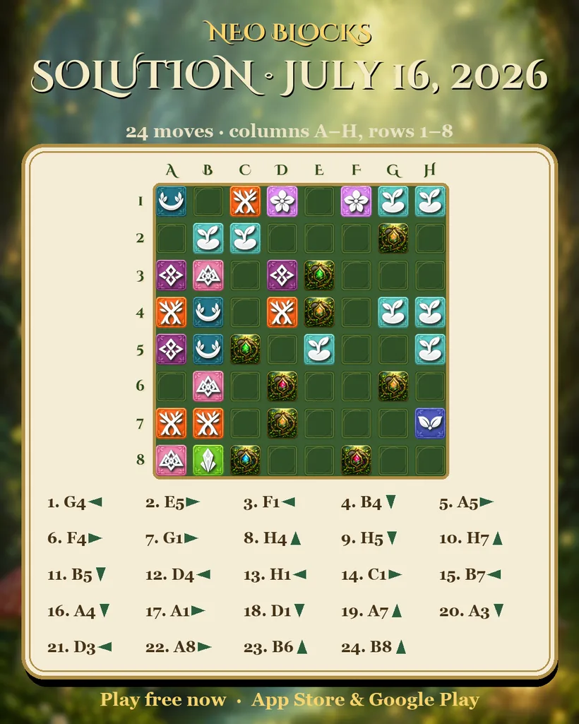 Solution of the NEO Blocks daily puzzle for July 16, 2026