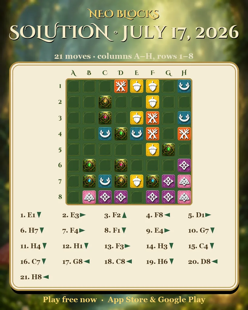 Solution of the NEO Blocks daily puzzle for July 17, 2026