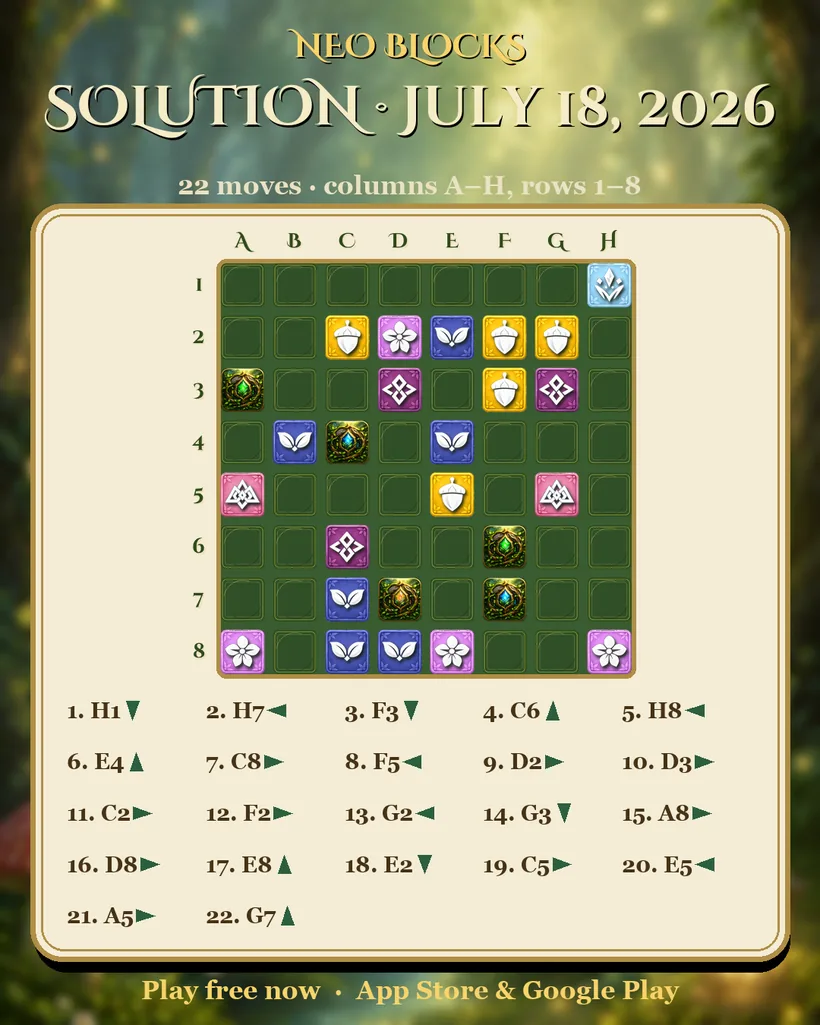 Solution of the NEO Blocks daily puzzle for July 18, 2026