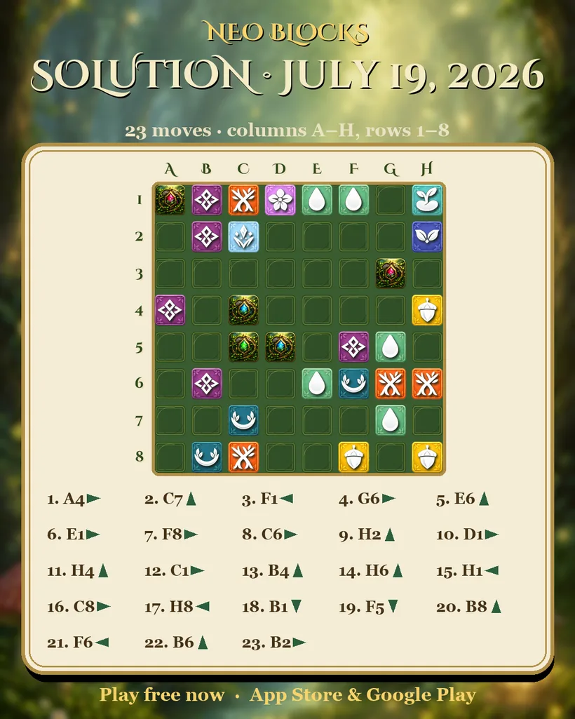 Solution of the NEO Blocks daily puzzle for July 19, 2026
