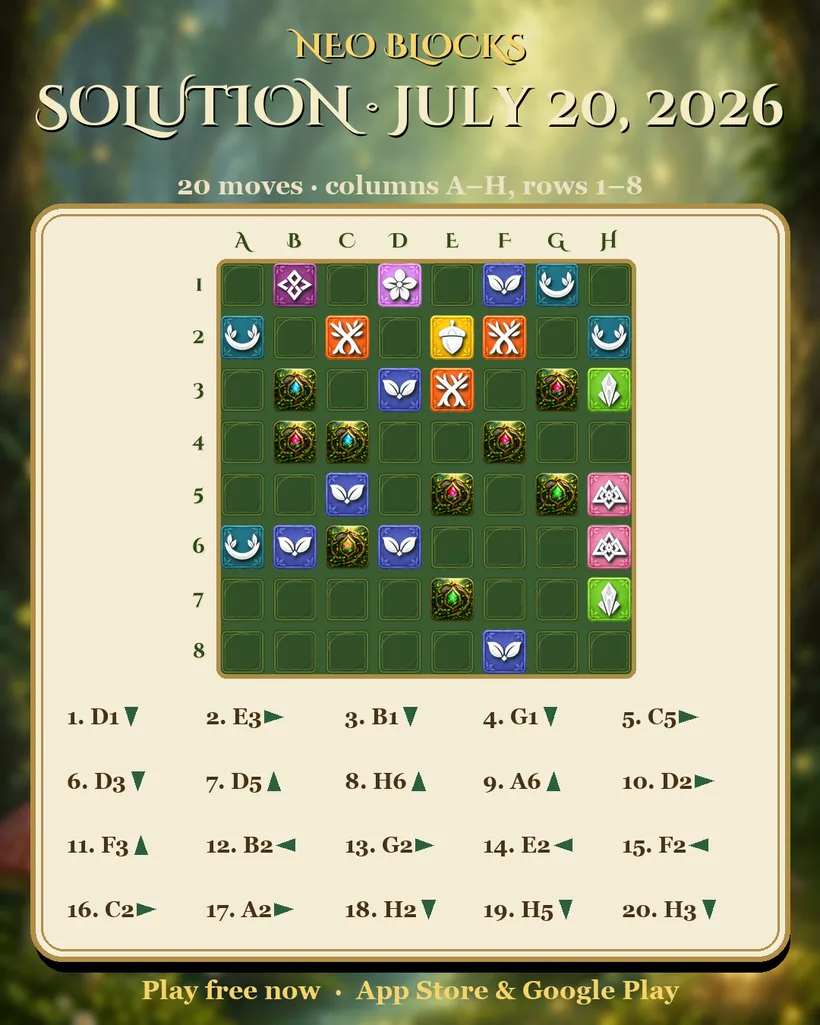 Solution of the NEO Blocks daily puzzle for July 20, 2026