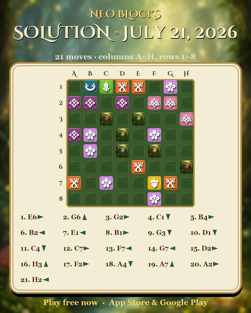 Solution of the NEO Blocks daily puzzle for July 21, 2026