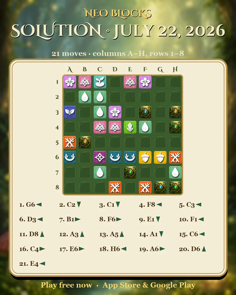 Solution of the NEO Blocks daily puzzle for July 22, 2026
