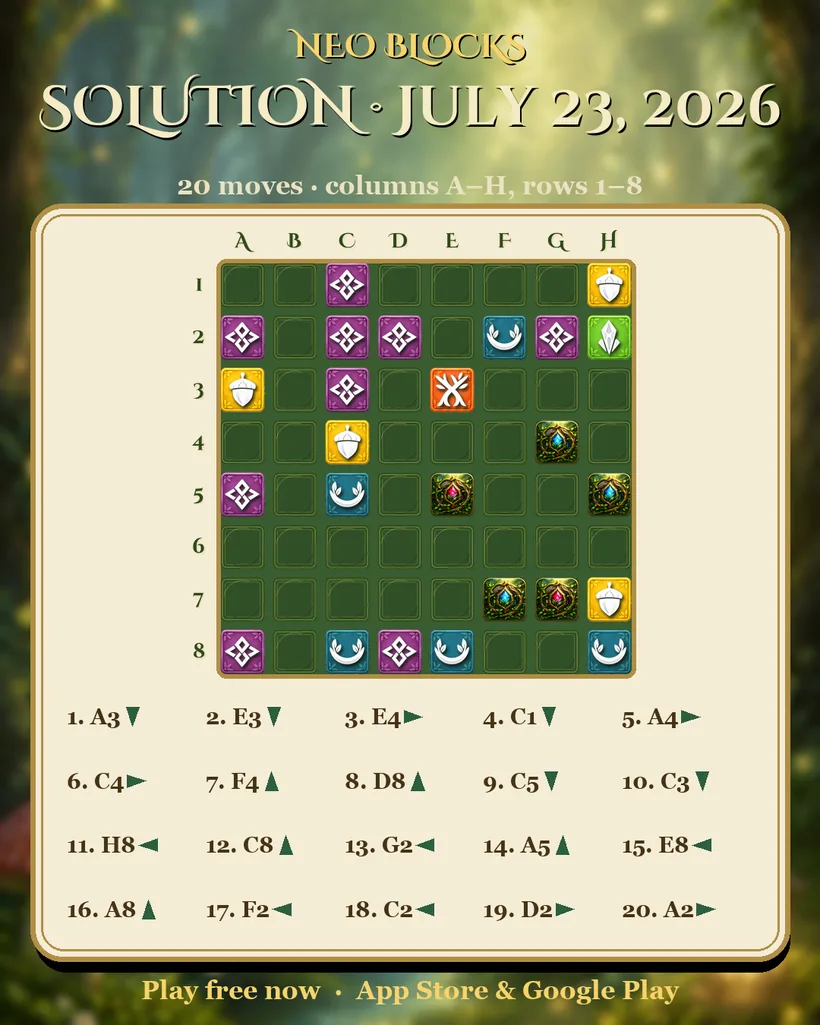 Solution of the NEO Blocks daily puzzle for July 23, 2026
