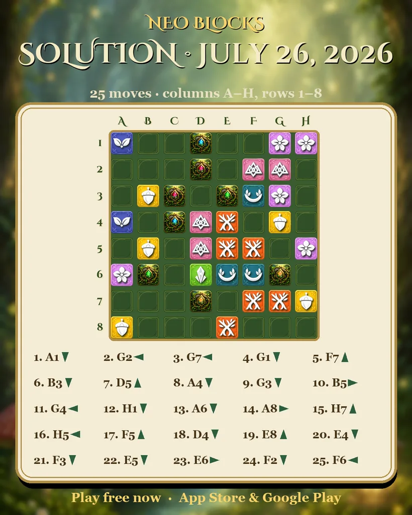 Solution of the NEO Blocks daily puzzle for July 26, 2026