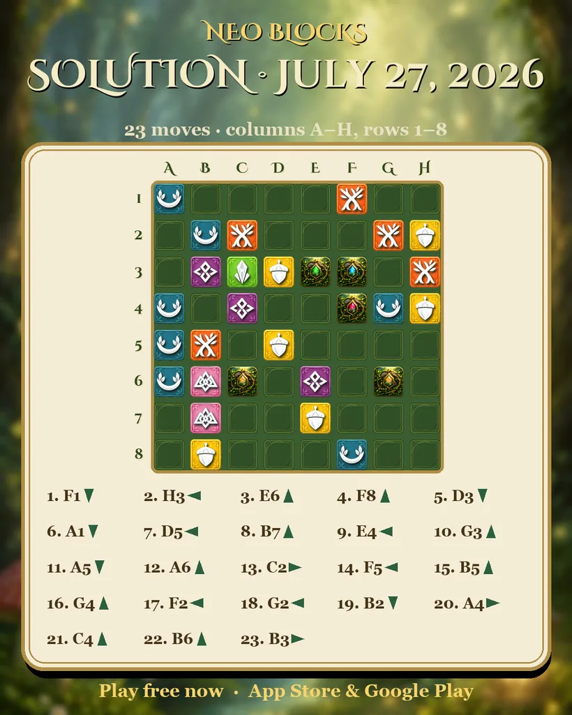 Solution of the NEO Blocks daily puzzle for July 27, 2026
