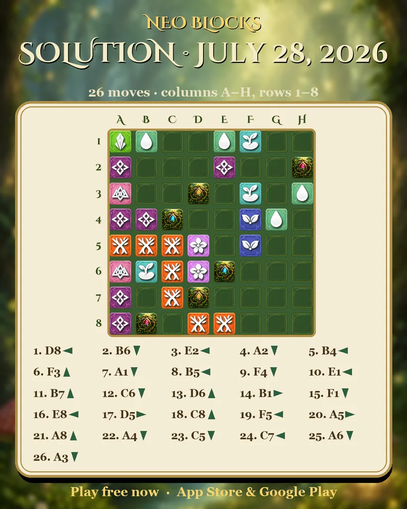 Solution of the NEO Blocks daily puzzle for July 28, 2026