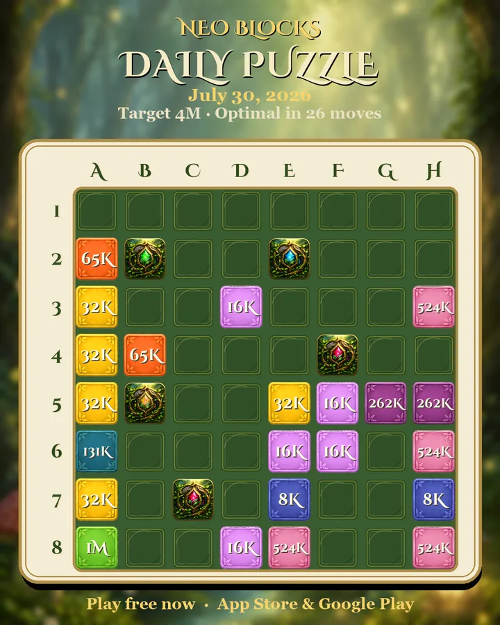 NEO Blocks daily puzzle for July 30, 2026
