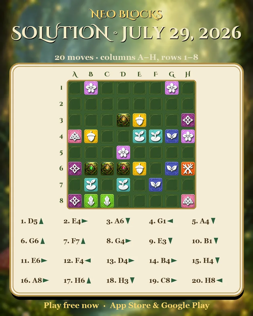 Solution of the NEO Blocks daily puzzle for July 29, 2026