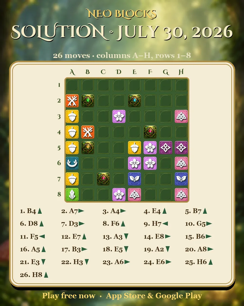 Solution of the NEO Blocks daily puzzle for July 30, 2026