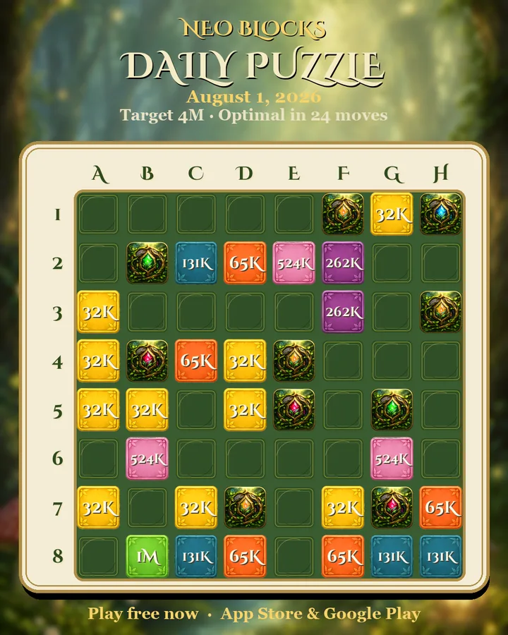NEO Blocks daily puzzle for August 1, 2026
