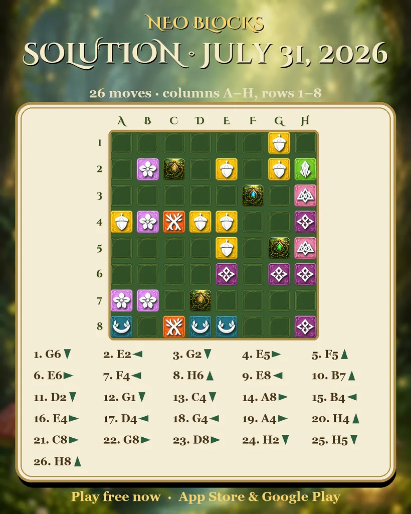 Solution of the NEO Blocks daily puzzle for July 31, 2026