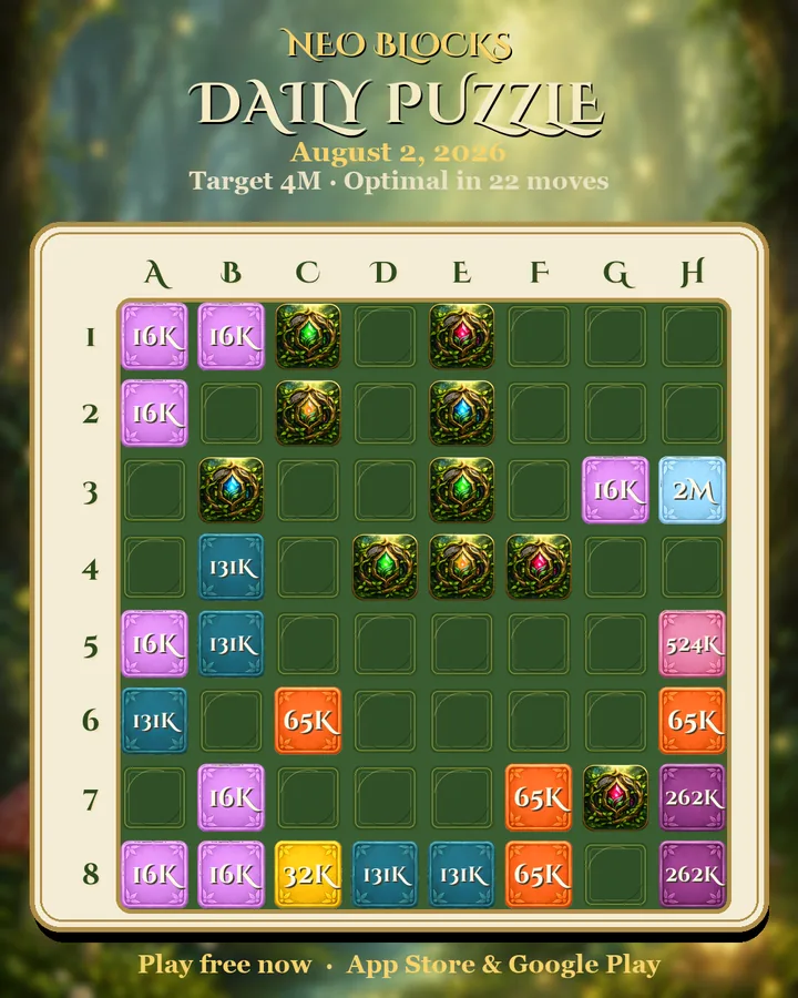 NEO Blocks daily puzzle for August 2, 2026