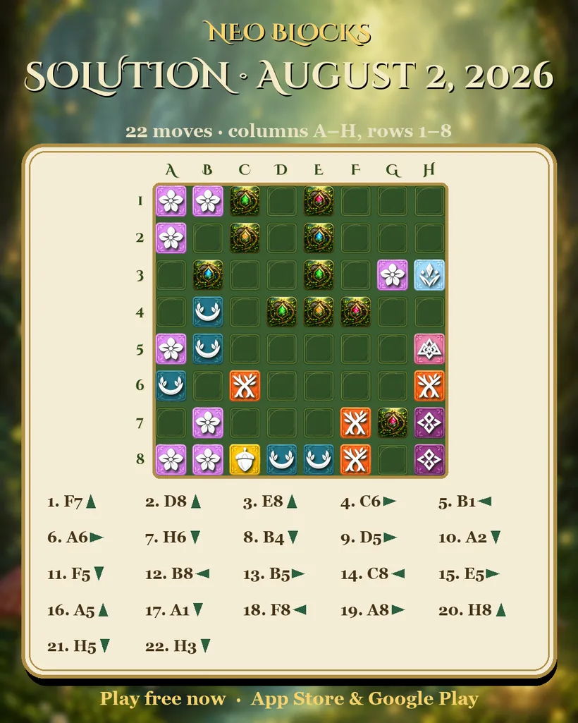 Solution of the NEO Blocks daily puzzle for August 2, 2026