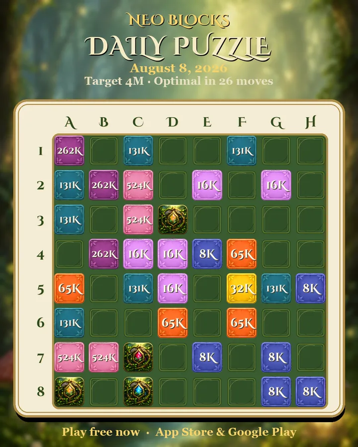 NEO Blocks daily puzzle for August 8, 2026