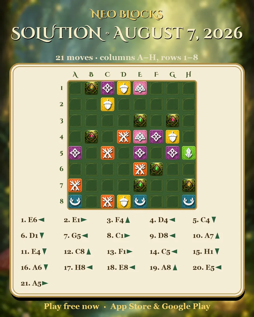 Solution of the NEO Blocks daily puzzle for August 7, 2026