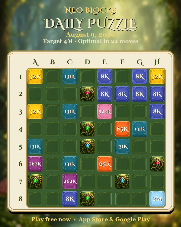 NEO Blocks daily puzzle for August 9, 2026