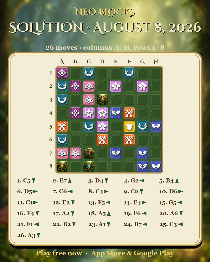 Solution of the NEO Blocks daily puzzle for August 8, 2026