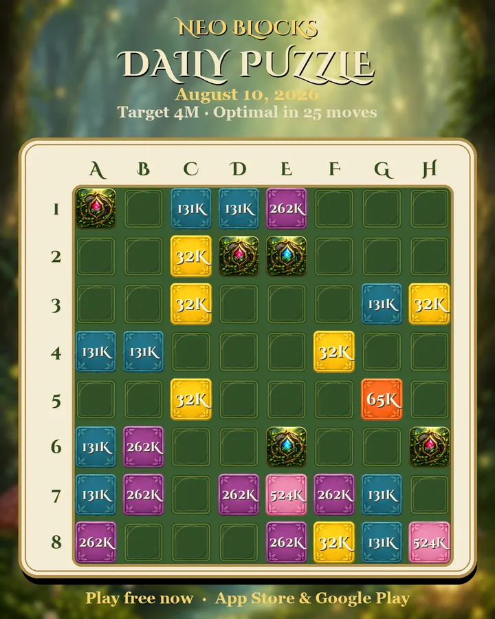 NEO Blocks daily puzzle for August 10, 2026