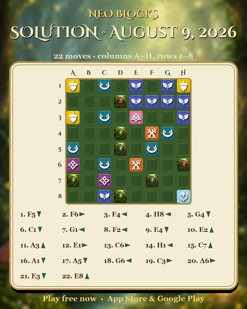 Solution of the NEO Blocks daily puzzle for August 9, 2026