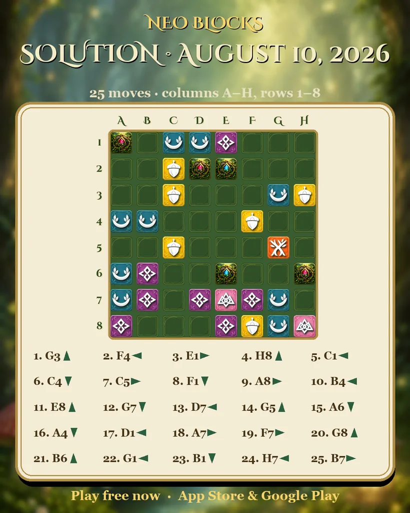 Solution of the NEO Blocks daily puzzle for August 10, 2026
