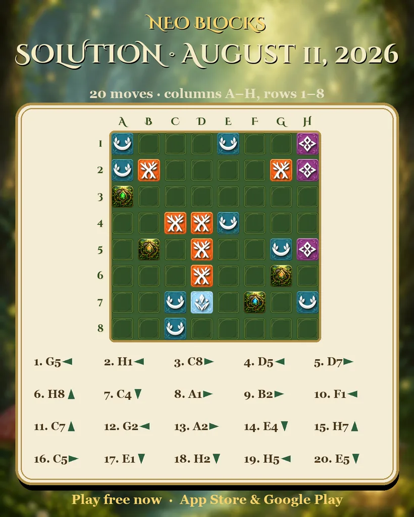 Solution of the NEO Blocks daily puzzle for August 11, 2026