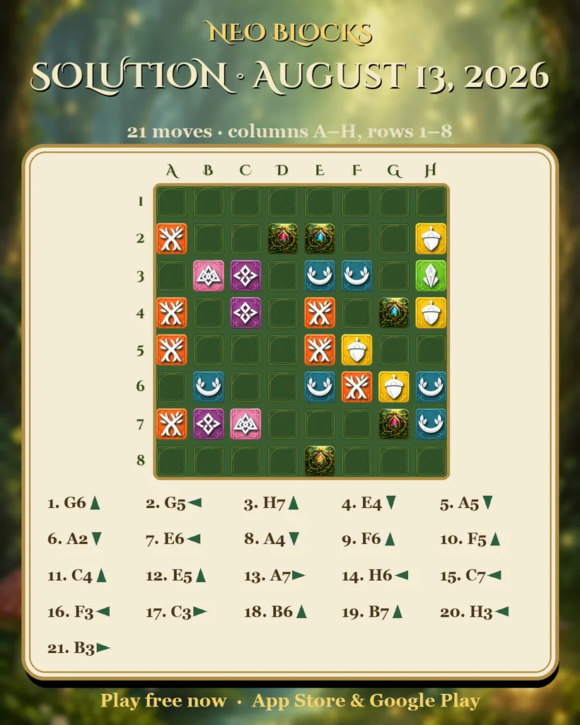 Solution of the NEO Blocks daily puzzle for August 13, 2026