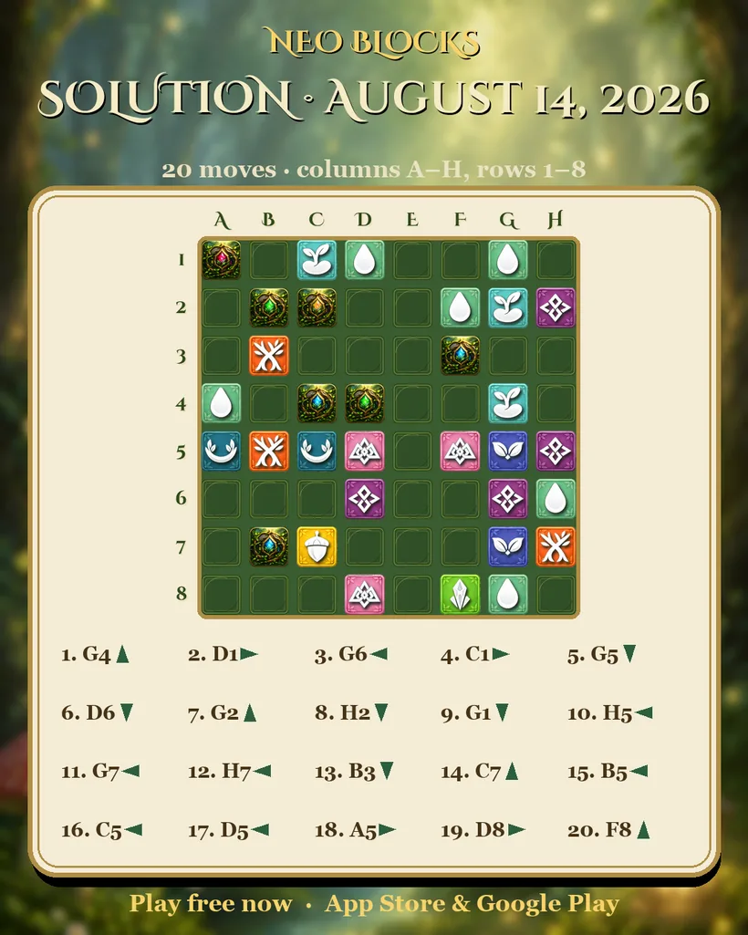 Solution of the NEO Blocks daily puzzle for August 14, 2026