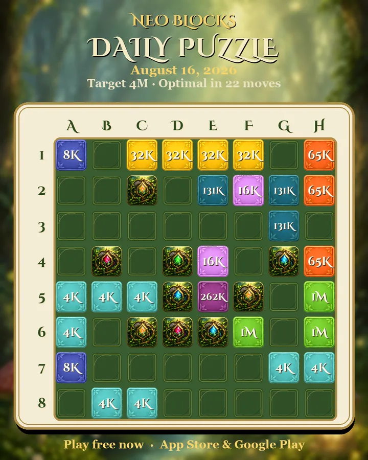 NEO Blocks daily puzzle for August 16, 2026