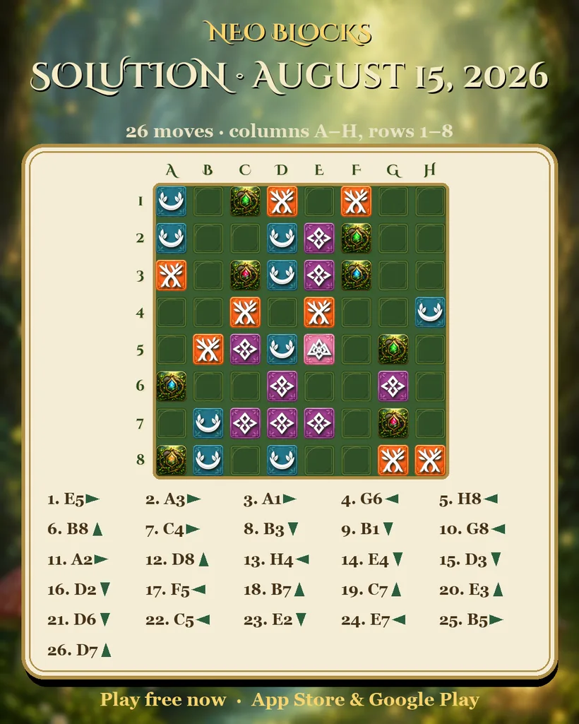 Solution of the NEO Blocks daily puzzle for August 15, 2026