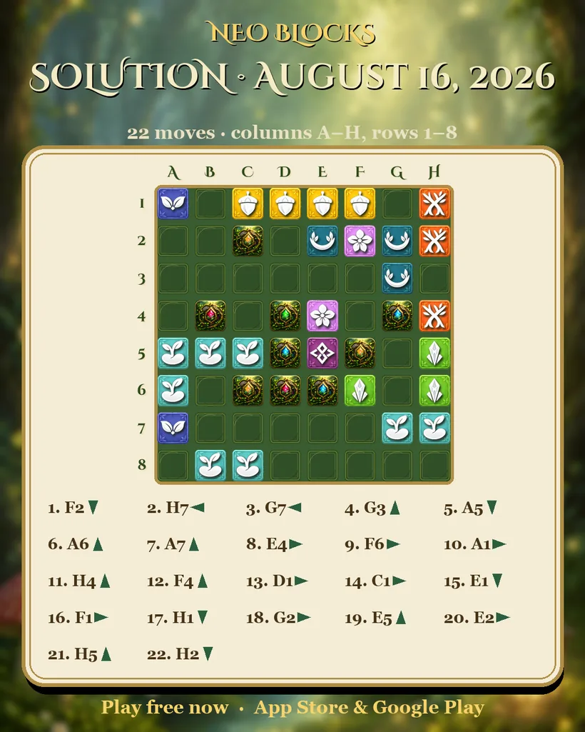 Solution of the NEO Blocks daily puzzle for August 16, 2026
