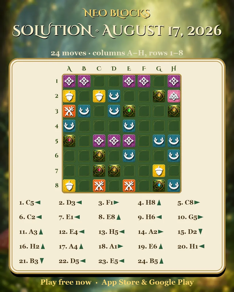 Solution of the NEO Blocks daily puzzle for August 17, 2026