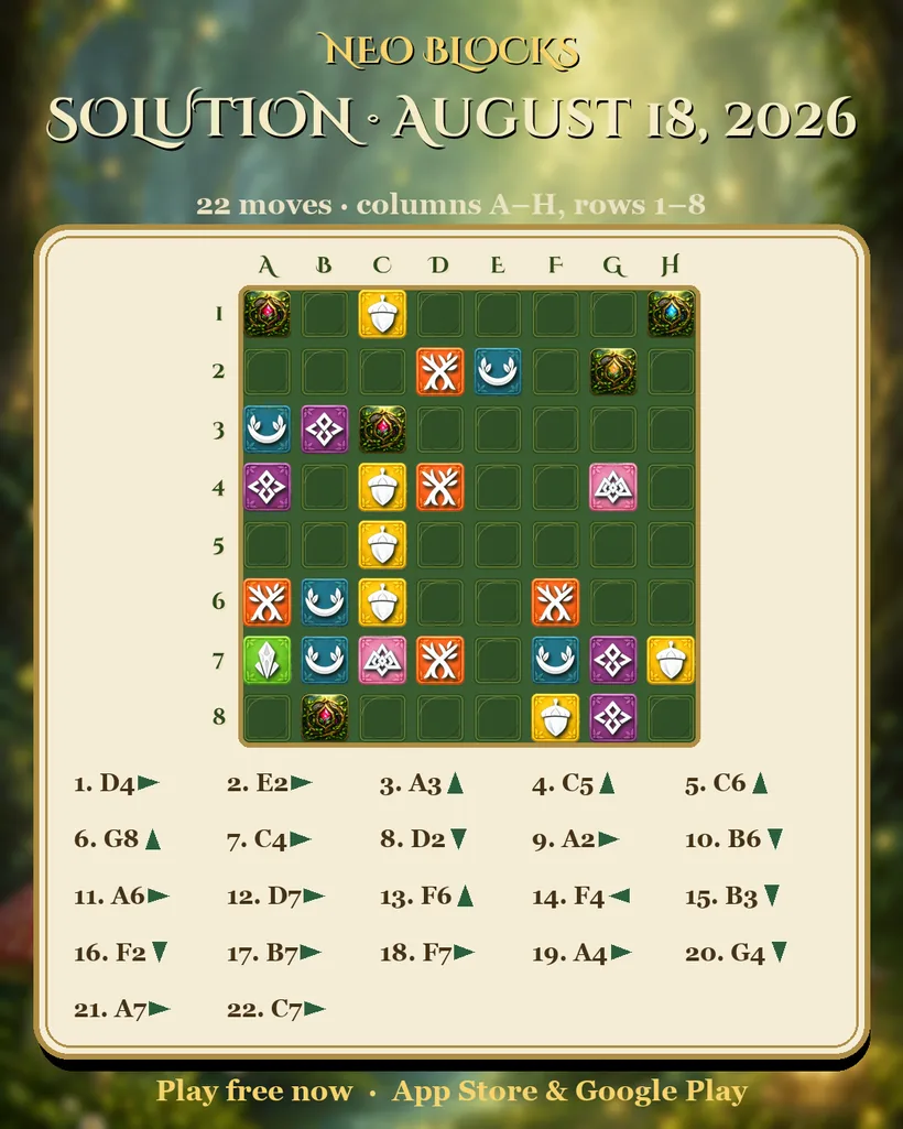 Solution of the NEO Blocks daily puzzle for August 18, 2026