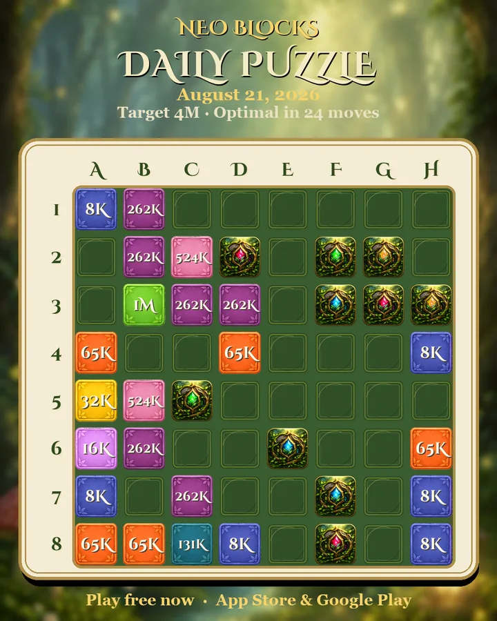 NEO Blocks daily puzzle for August 21, 2026